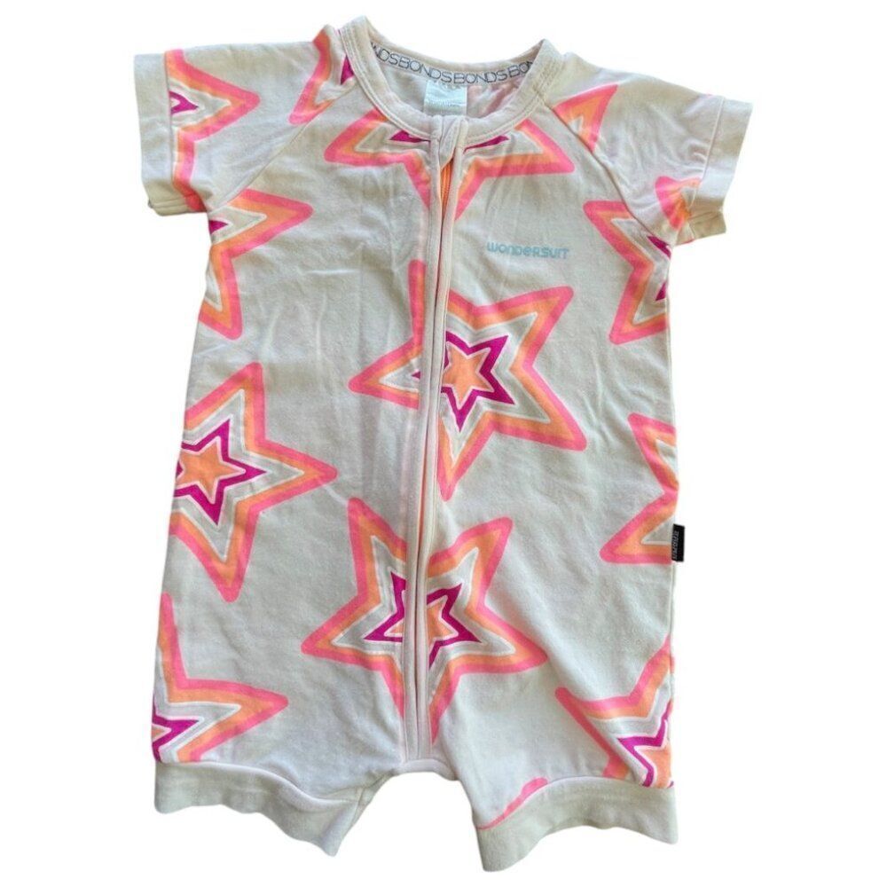 Bonds Pink Star Short Sleeve Summer Zip Shorty Wondersuit Size 0-6M